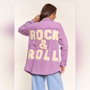 Rock And Roll Embroidered Patch Soft Button Up Shirt Jacket Shacket in Lavender